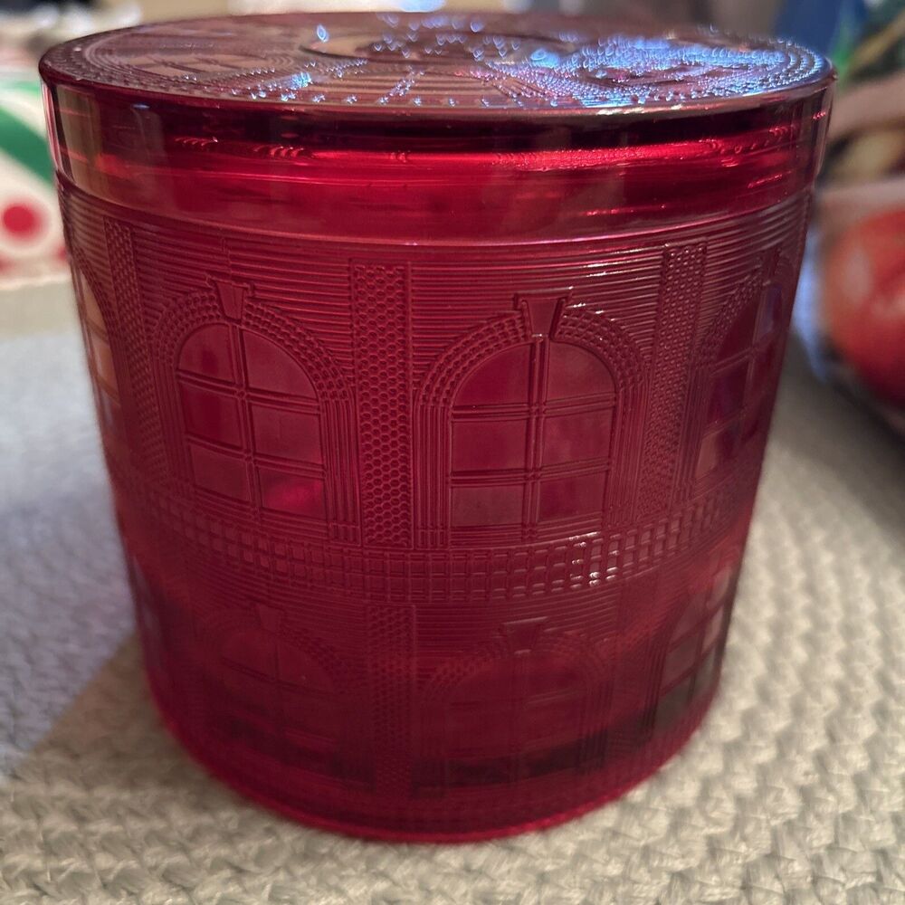 Homeworx Glass Candle Holder By Harry Slatkin Architectural Scene Cranberry Red